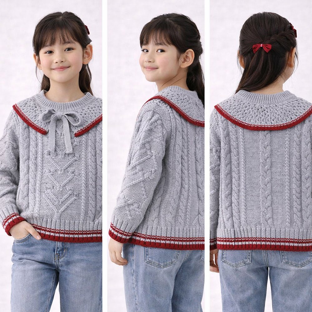 Little Surprise Box Grey Sweater with Red Border, Winter Cardigan Sweater for Kids - 2 - 3 Years Kids Sweater