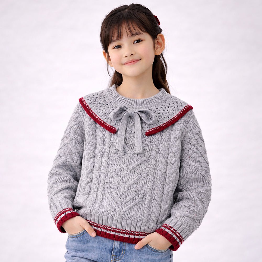 Little Surprise Box Grey Sweater with Red Border, Winter Cardigan Sweater for Kids - 2 - 3 Years Kids Sweater