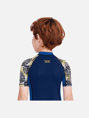 Little Surprise Box Half Sleeves Kids Swimwear Blue & Navy Blue Palm Leaves Printed Sleeves, Knee Length with UPF 50 - Kids Swimwear