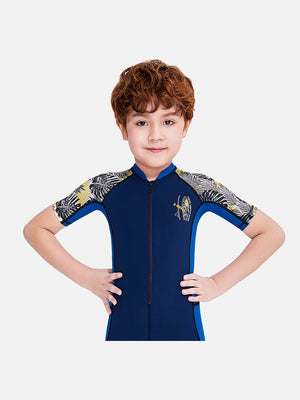 Little Surprise Box Half Sleeves Kids Swimwear Blue & Navy Blue Palm Leaves Printed Sleeves, Knee Length with UPF 50 - Kids Swimwear