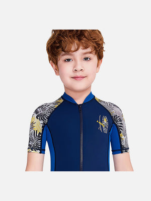 Little Surprise Box Half Sleeves Kids Swimwear Blue & Navy Blue Palm Leaves Printed Sleeves, Knee Length with UPF 50 - Kids Swimwear