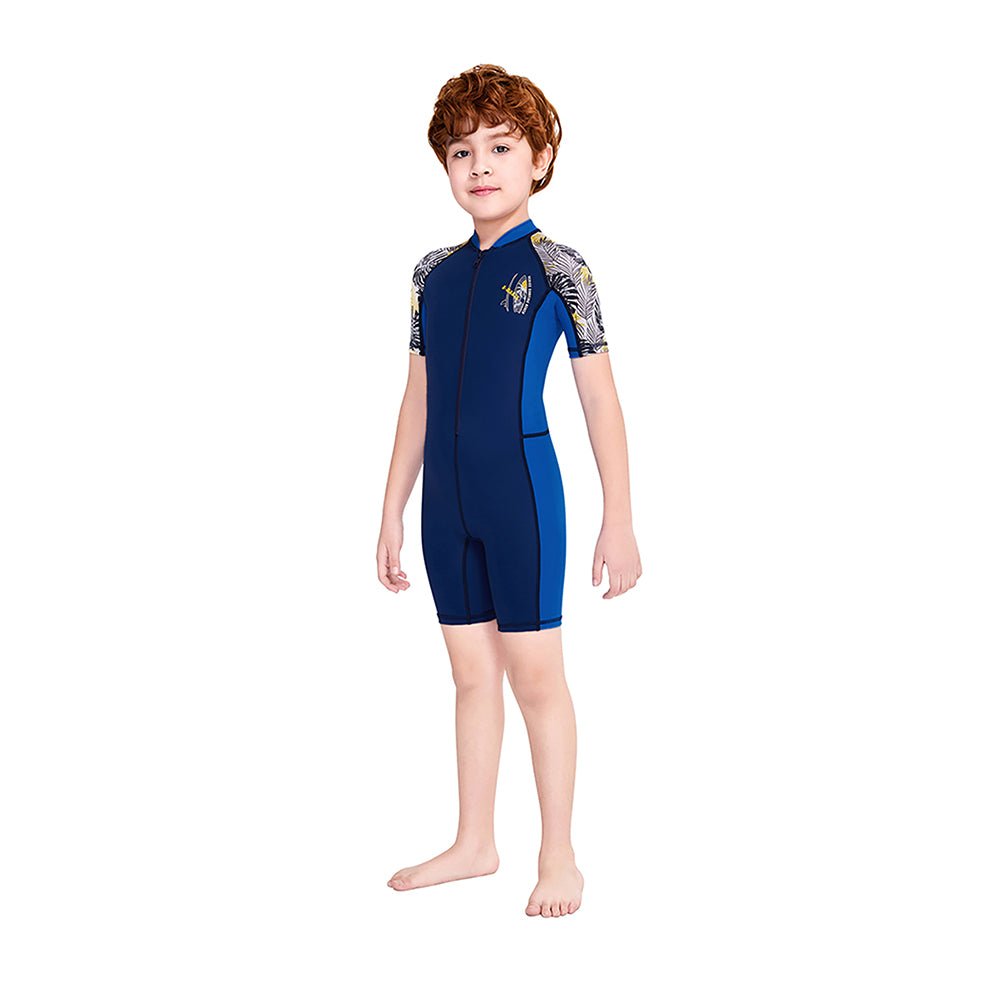 Little Surprise Box Half Sleeves Kids Swimwear Blue & Navy Blue Palm Leaves Printed Sleeves, Knee Length with UPF 50 - LSB-SW-Palmleaveblueknee-S