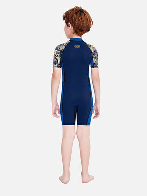 Little Surprise Box Half Sleeves Kids Swimwear Blue & Navy Blue Palm Leaves Printed Sleeves, Knee Length with UPF 50 - Kids Swimwear