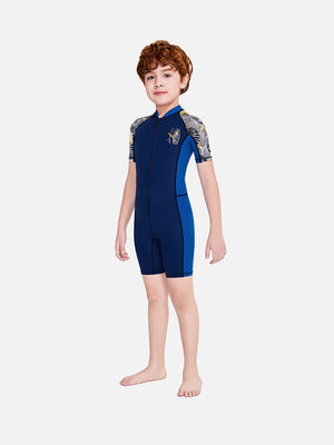 Little Surprise Box Half Sleeves Kids Swimwear Blue & Navy Blue Palm Leaves Printed Sleeves, Knee Length with UPF 50 - Kids Swimwear