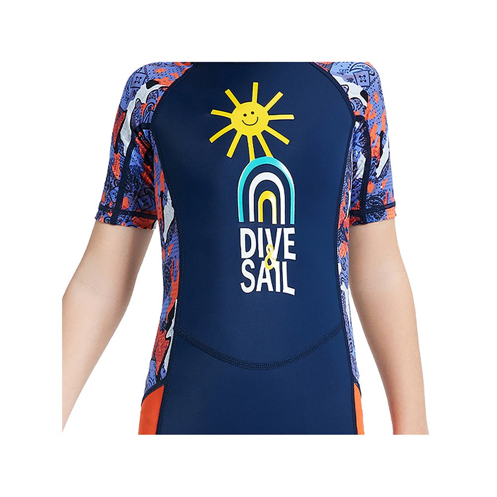 Little Surprise Box Half Sleeves Kids Swimwear Navy Blue & Orange Sunshine Printed Knee Length, with UPF 50+ - LSB-SW-NavySunshineknee-S