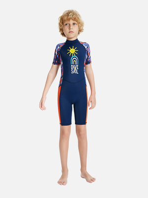 Little Surprise Box Half Sleeves Kids Swimwear Navy Blue & Orange Sunshine Printed Knee Length, with UPF 50+ - SMALL Kids Swimwear