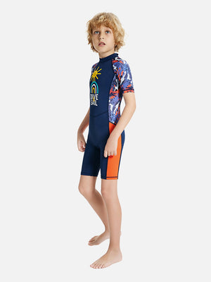 Little Surprise Box Half Sleeves Kids Swimwear Navy Blue & Orange Sunshine Printed Knee Length, with UPF 50+ - SMALL Kids Swimwear