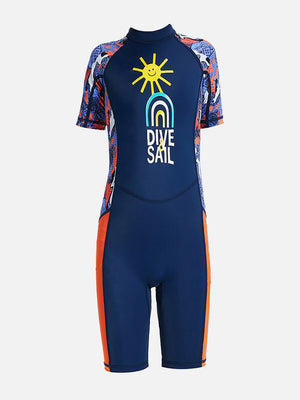 Little Surprise Box Half Sleeves Kids Swimwear Navy Blue & Orange Sunshine Printed Knee Length, with UPF 50+ - SMALL Kids Swimwear