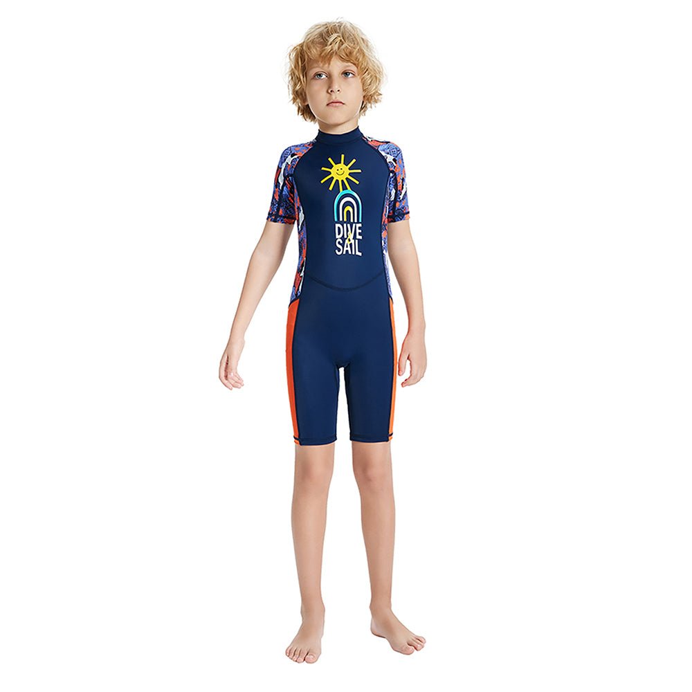 Little Surprise Box Half Sleeves Kids Swimwear Navy Blue & Orange Sunshine Printed Knee Length, with UPF 50+ - LSB-SW-NavySunshineknee-S