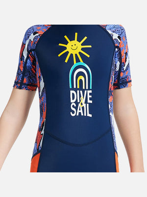 Little Surprise Box Half Sleeves Kids Swimwear Navy Blue & Orange Sunshine Printed Knee Length, with UPF 50+ - SMALL Kids Swimwear