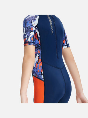 Little Surprise Box Half Sleeves Kids Swimwear Navy Blue & Orange Sunshine Printed Knee Length, with UPF 50+ - SMALL Kids Swimwear