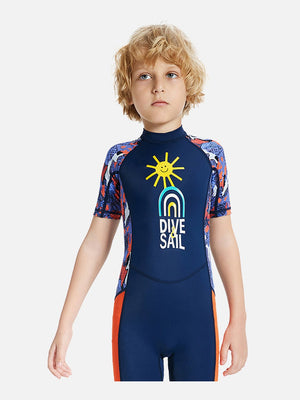 Little Surprise Box Half Sleeves Kids Swimwear Navy Blue & Orange Sunshine Printed Knee Length, with UPF 50+ - SMALL Kids Swimwear
