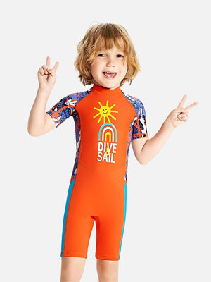 Little Surprise Box, Half Sleeves Kids Swimwear Orange Sunshine Printed Knee Length With UPF 50+ - Kids Swimwear