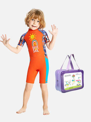 Little Surprise Box, Half Sleeves Kids Swimwear Orange Sunshine Printed Knee Length With UPF 50+ - Kids Swimwear