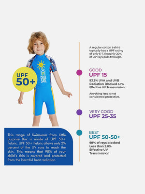Little Surprise Box Half Sleeves Kids Swimwear Sky Blue & Yellow Sunshine Printed Knee Length, with UPF 50+ - SMALL Kids Swimwear