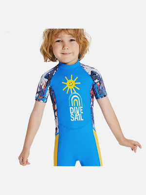 Little Surprise Box Half Sleeves Kids Swimwear Sky Blue & Yellow Sunshine Printed Knee Length, with UPF 50+ - SMALL Kids Swimwear