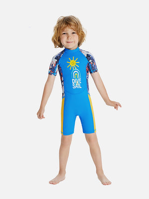 Little Surprise Box Half Sleeves Kids Swimwear Sky Blue & Yellow Sunshine Printed Knee Length, with UPF 50+ - SMALL Kids Swimwear