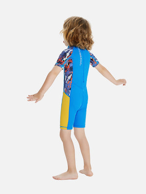 Little Surprise Box Half Sleeves Kids Swimwear Sky Blue & Yellow Sunshine Printed Knee Length, with UPF 50+ - SMALL Kids Swimwear