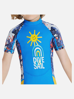 Little Surprise Box Half Sleeves Kids Swimwear Sky Blue & Yellow Sunshine Printed Knee Length, with UPF 50+ - SMALL Kids Swimwear