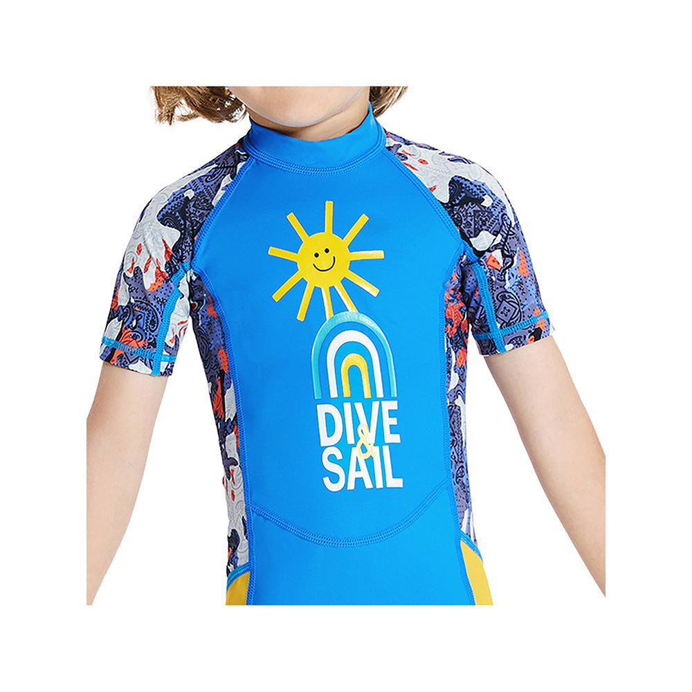 Little Surprise Box Half Sleeves Kids Swimwear Sky Blue & Yellow Sunshine Printed Knee Length, with UPF 50+ - LSB-SW-SkyblueSunshineknee-S