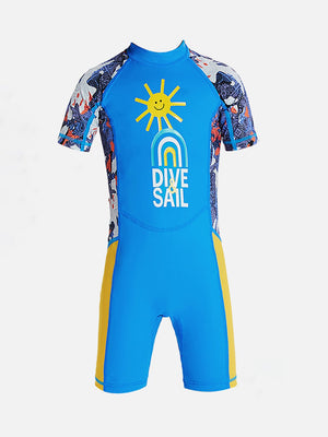 Little Surprise Box Half Sleeves Kids Swimwear Sky Blue & Yellow Sunshine Printed Knee Length, with UPF 50+ - SMALL Kids Swimwear
