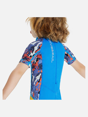 Little Surprise Box Half Sleeves Kids Swimwear Sky Blue & Yellow Sunshine Printed Knee Length, with UPF 50+ - SMALL Kids Swimwear