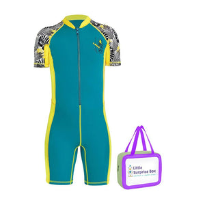 Little Surprise Box Half Sleeves Kids Swimwear Yellow & Green Palm Leaves Printed Sleeves, Knee Length with UPF 50+ - LSB-SW-Palmleaveyelwknee-S