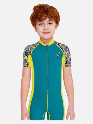 Little Surprise Box Half Sleeves Kids Swimwear Yellow & Green Palm Leaves Printed Sleeves, Knee Length with UPF 50+ - SMALL Kids Swimwear