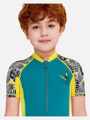 Little Surprise Box Half Sleeves Kids Swimwear Yellow & Green Palm Leaves Printed Sleeves, Knee Length with UPF 50+ - SMALL Kids Swimwear