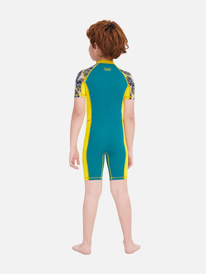 Little Surprise Box Half Sleeves Kids Swimwear Yellow & Green Palm Leaves Printed Sleeves, Knee Length with UPF 50+ - SMALL Kids Swimwear