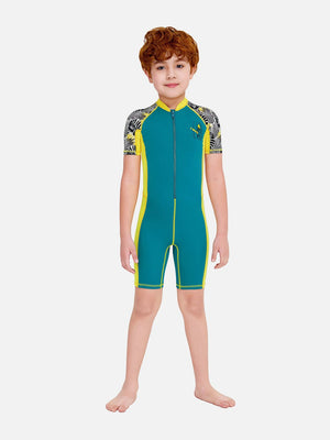 Little Surprise Box Half Sleeves Kids Swimwear Yellow & Green Palm Leaves Printed Sleeves, Knee Length with UPF 50+ - SMALL Kids Swimwear