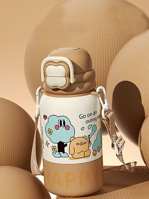 Little Surprise Box, Happy Cartoon Stainless Steel kids Water Bottle, 500ml, 4yrs+ - LSB - WB - BRWN - HAPPY