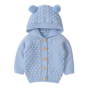 Little Surprise Box Infants Baby Blue Knitted Cardigan Sweater with Pom Pom Hoodie-12-18M - Kids Winter Wear
