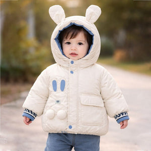 Little Surprise Box Ivory & Blue Bunny - Themed Quilted Hooded Winter Jacket for Kids - 4 - 5 Years Kids Sweater
