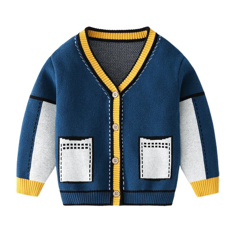 Little Surprise Box Kids Navy Blue with Striking Mustard Stripes Cardigan Sweater V neck - 5 - 6 Y - LSB - CARDI - VNECKBLUMUSTSTRIP - 5 - 6Y