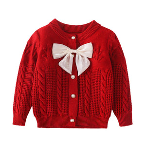 Little Surprise Box Kids Red Knitted Cardigan Sweater with Bow. - Kids Winter Wear