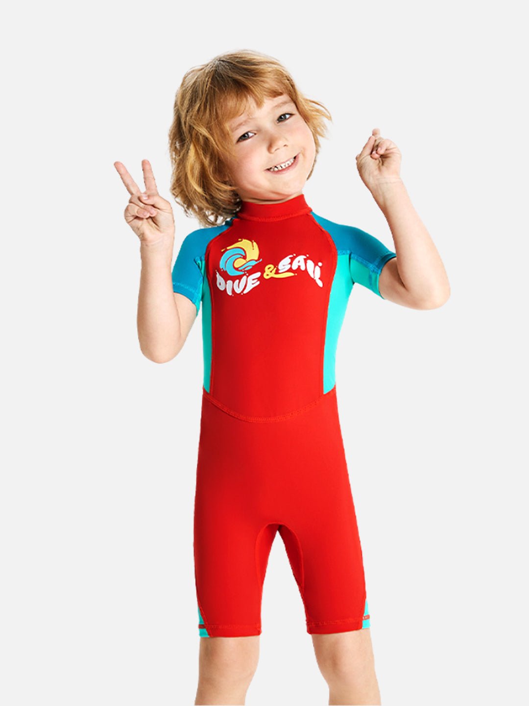 Little Surprise Box Knee Length Red & Teal Green Printed Kids Swimwear In UPF 50+ Fabric - LSB - SW - DIVEREDTEAL - KNEE - S