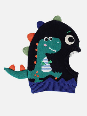 Little Surprise Box Knitted Blue Border Dino theme Winter Cap covering Neck , Ears &Head for Minus degree Temperature. - LSB - WCAP - LK - KNITBLUBORDRDINO