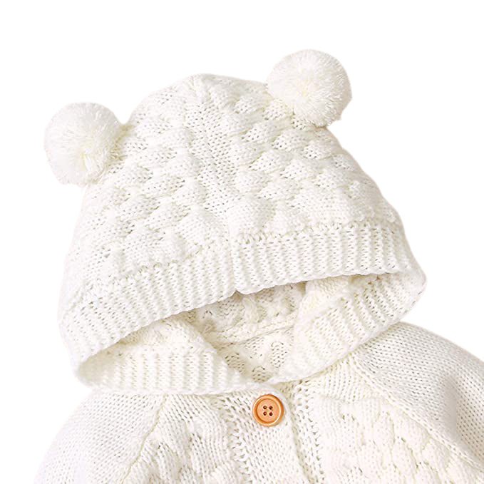 Little Surprise Box Knitted Cardigan Sweater with Pom Pom Hoodie - LSB - Cardi - IvoryPompom - 6 - 12M