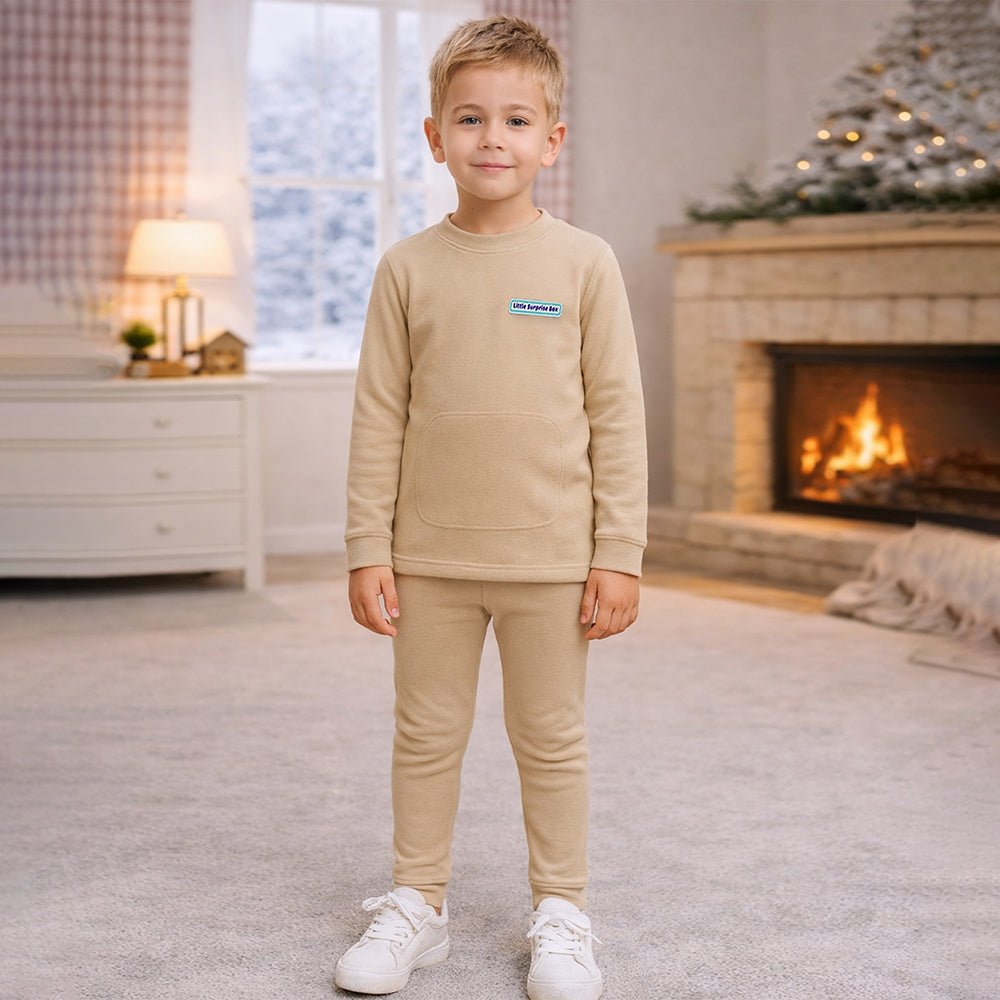 Little Surprise Box , LSB Light Brown Round Neck Upper & Lower Body Thermal Winter Warmers For Kids - Set Of 2 Pcs - 2 - 3 Years Kids Thermal Wear
