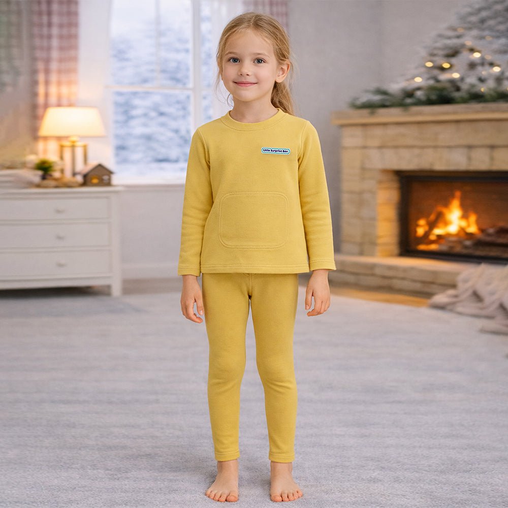 Little Surprise Box LSB Mustard Round Neck Upper & Lower Body Thermal Winter Warmers For Kids - Set Of 2 Pcs - 2 - 3 Years Kids Thermal Wear