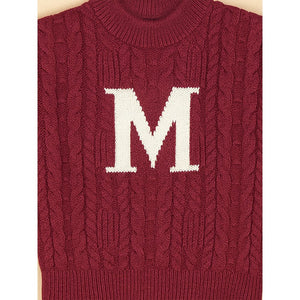 Little Surprise Box Maroon Letter “M” Cable - Knit Christmas Cardigan Winter Sweater for Kids - 2 - 3 Years Christmas Sweater