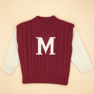 Little Surprise Box Maroon Letter “M” Cable - Knit Christmas Cardigan Winter Sweater for Kids - 2 - 3 Years Christmas Sweater