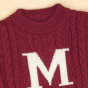 Little Surprise Box Maroon Letter “M” Cable - Knit Christmas Cardigan Winter Sweater for Kids - 2 - 3 Years Christmas Sweater