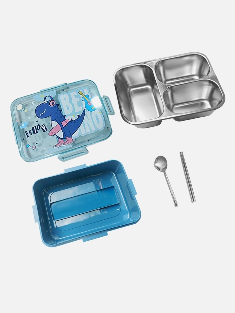 Little Surprise Box Mini Size Stainless Steel Lunch Box /Tiffin Blue Dino with Steel Spoon & Steel Chopsticks for Kids & Adults. - LSB-LB-Dinobluemini