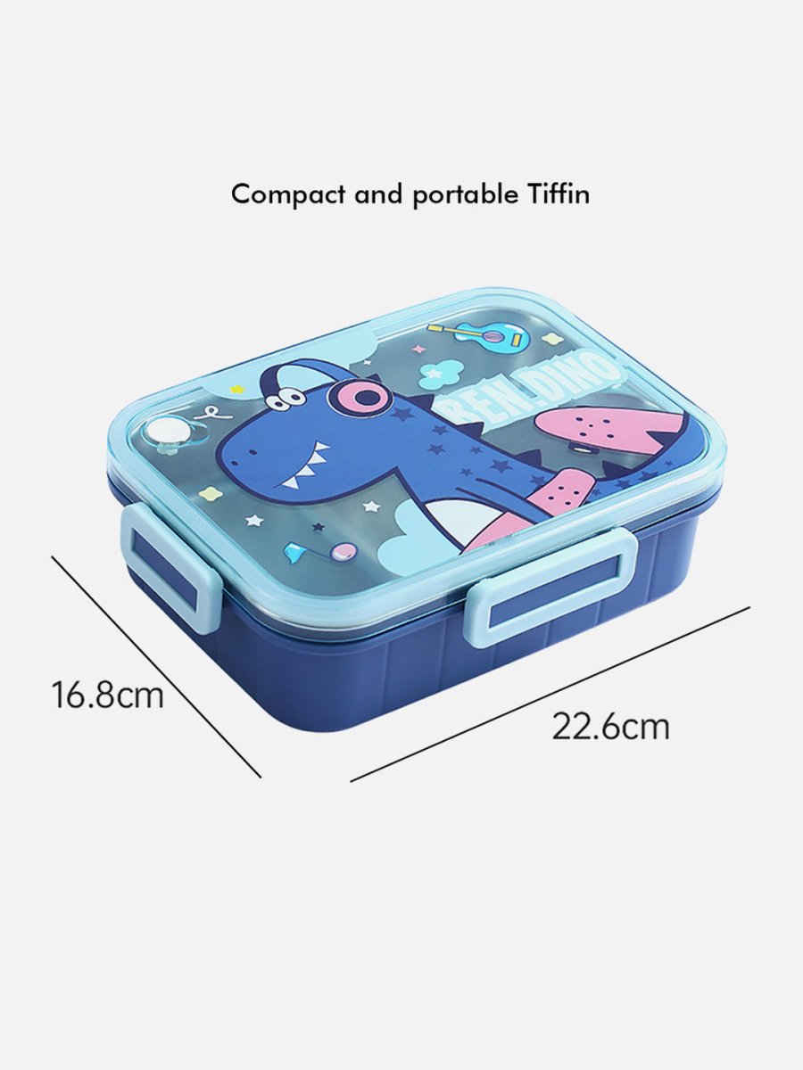 Little Surprise Box Mini Size Stainless Steel Lunch Box /Tiffin Blue Dino with Steel Spoon & Steel Chopsticks for Kids & Adults.