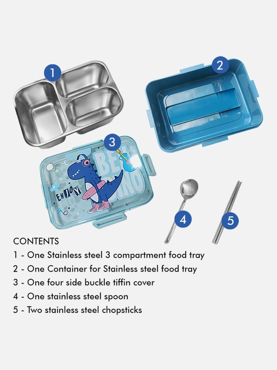 Little Surprise Box Mini Size Stainless Steel Lunch Box /Tiffin Blue Dino with Steel Spoon & Steel Chopsticks for Kids & Adults. - LSB-LB-Dinobluemini
