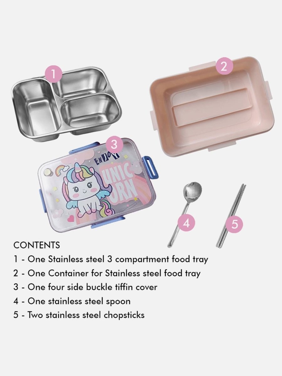 Little Surprise Box Mini Size Stainless Steel Lunch Box /Tiffin for Kids and Adults, Pink Uni with Steel Spoon and Steel Chopsticks for Kids & Adults. - LSB-LB-Unicornpinkmini