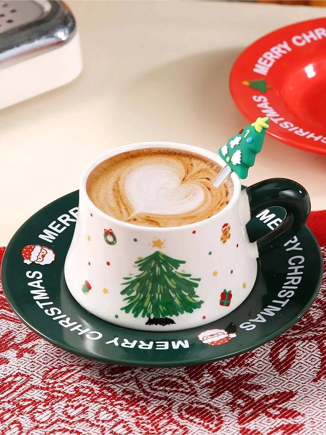 Little Surprise Box, Minimal Christmas Tree Ceramic Cup & Saucer with 3D Christmas Tree Spoon Gift Box Set - Christmas Cutlery
