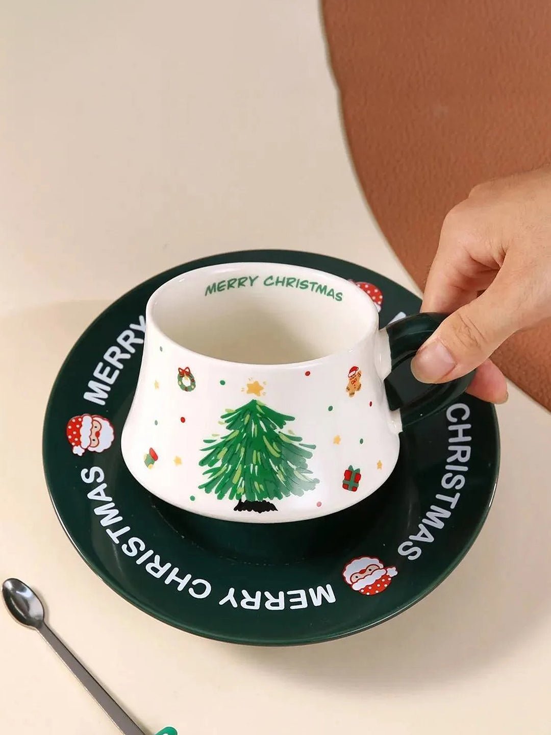 Little Surprise Box, Minimal Christmas Tree Ceramic Cup & Saucer with 3D Christmas Tree Spoon Gift Box Set - Christmas Cutlery